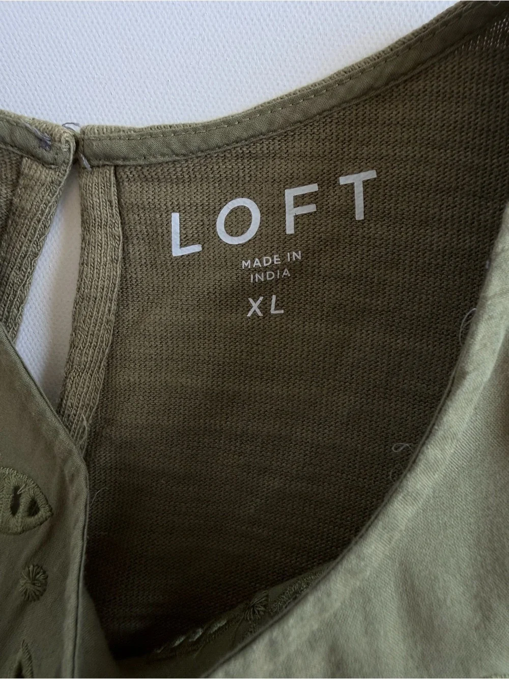 LOFT Olive Green Eyelet Puff Sleeve Cotton Blouse XL Cottagecore